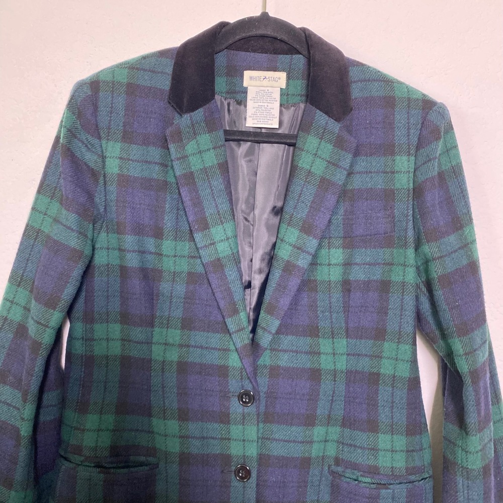 Vintage White Stag Women's Wool Blend Plaid Blazer Jacket Velvet Collar Size 6 - Picture 6 of 8